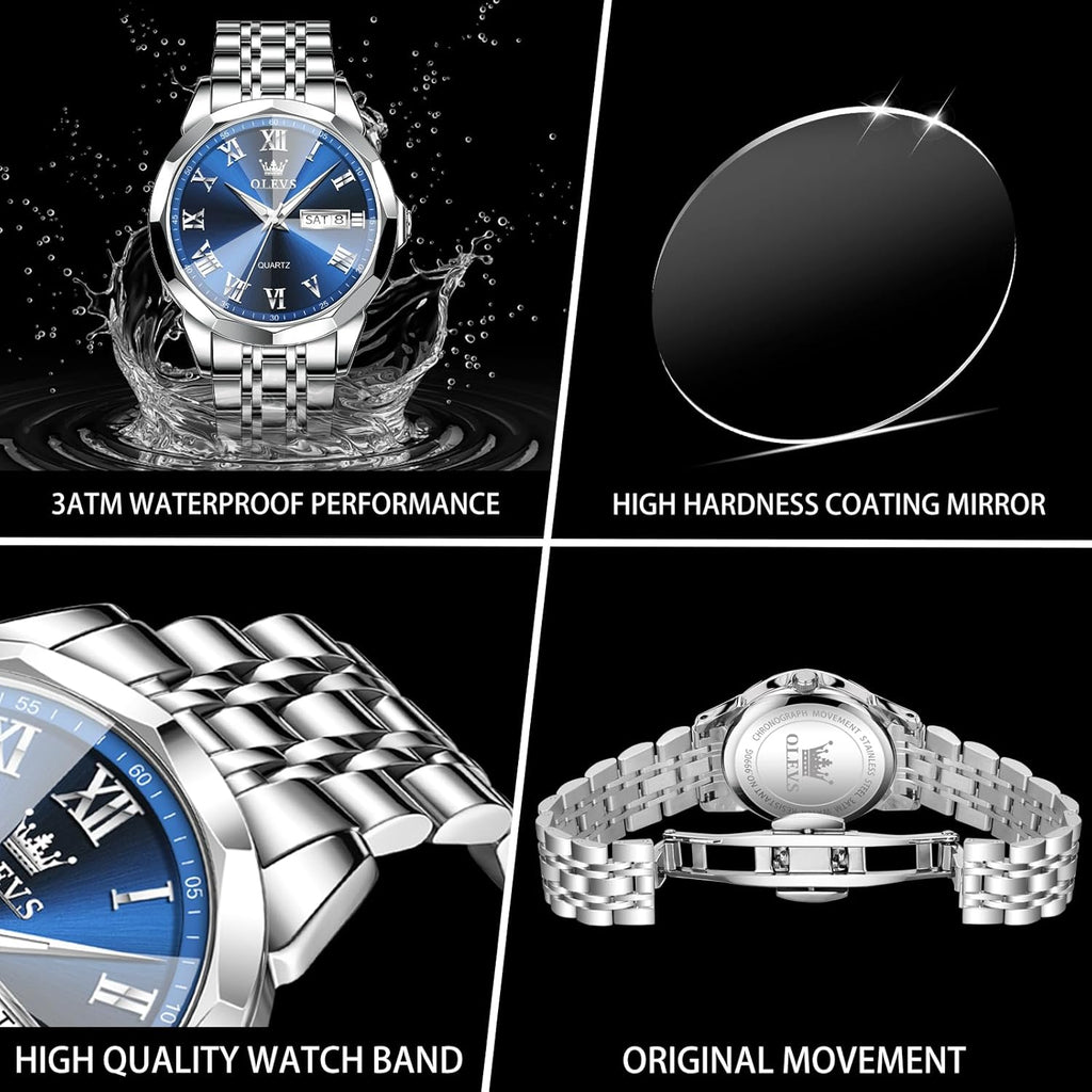 Men's Stainless Steel Watch with Date, Luminous Quartz, Waterproof H7285