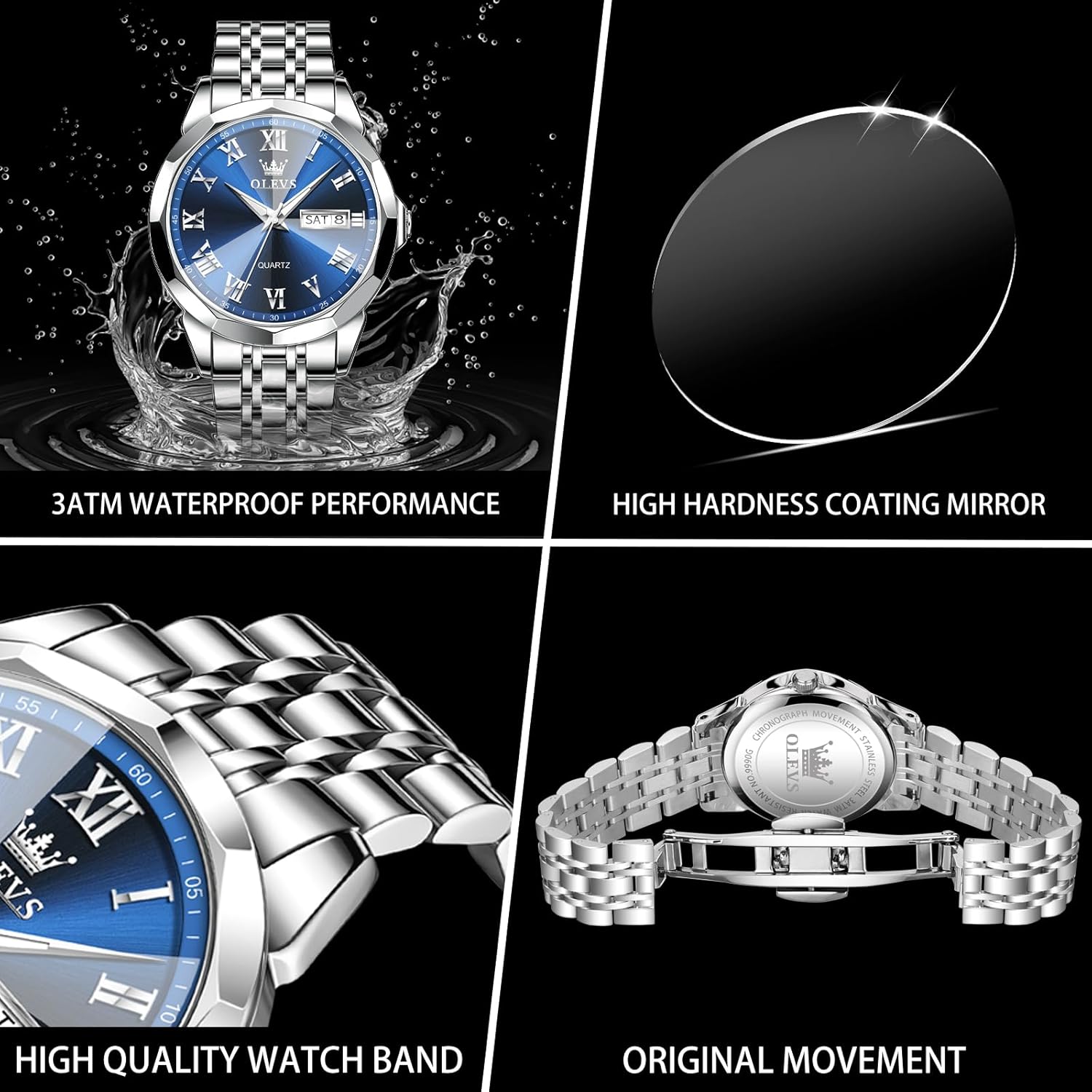 Men's Stainless Steel Watch with Date, Luminous Quartz, Waterproof H7285
