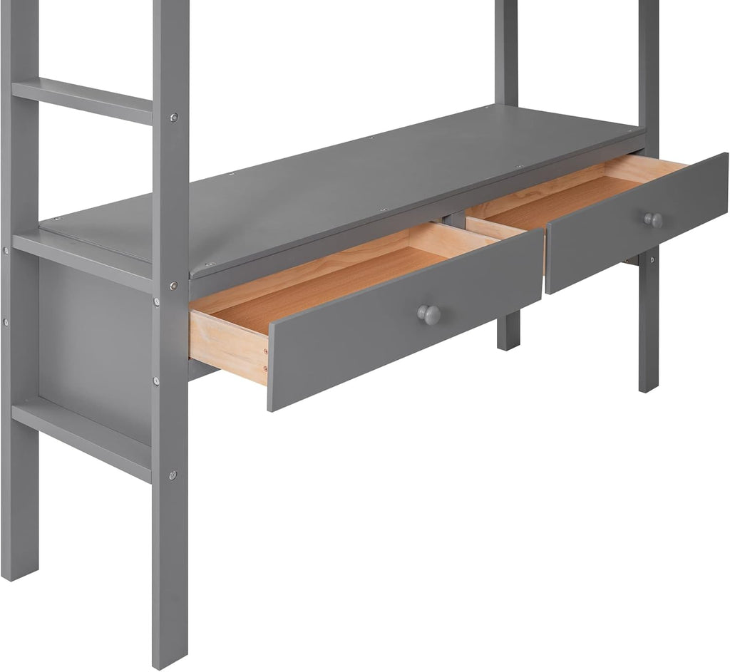 Full Size Loft Bed with Desk and 2 Drawers, Solid Wood, Grey W2237