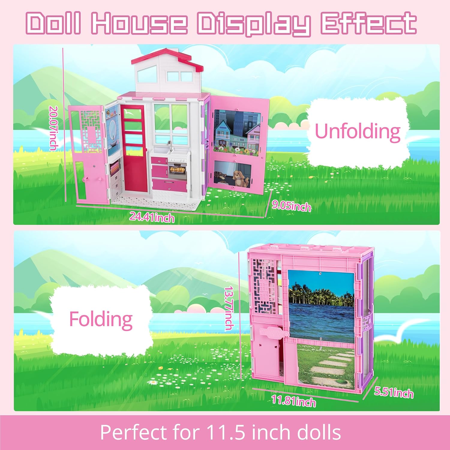 Doll House for 12" Dolls, 2-Story Portable Dollhouse with Loft and Furniture A509387