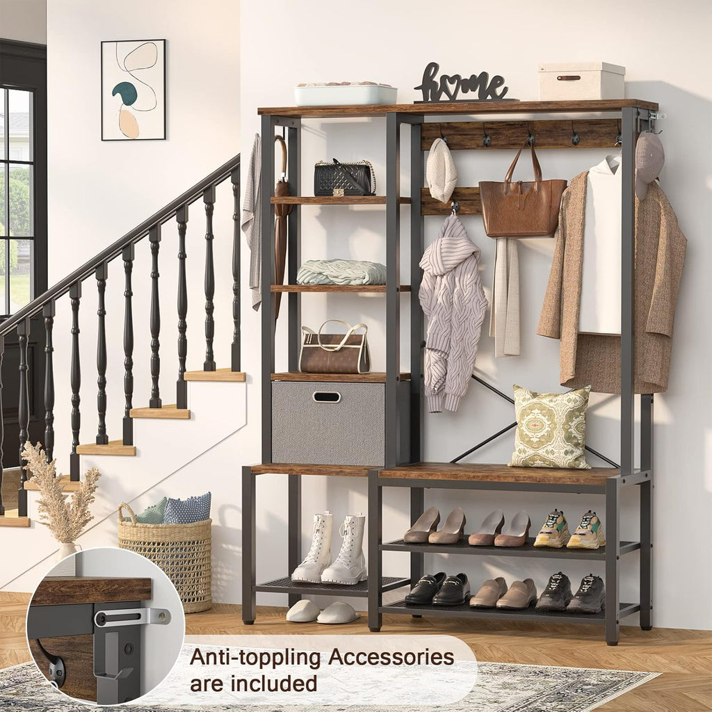 Hall Tree with Storage Bench, Coat Rack, 5-Tier Shelves, Fabric Basket, Rustic Brown F61556