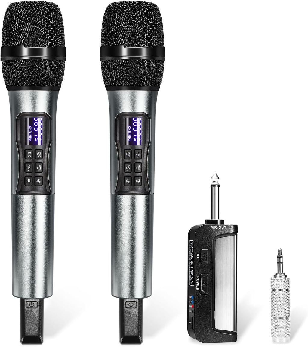 Wireless Microphone Karaoke System with Rechargeable Bluetooth Receiver,Professional Handheld Dynamic Cordless Microphone,UHF 200 FT Range,6.5mm/3.5mm Output, for Singing Karaoke Speech