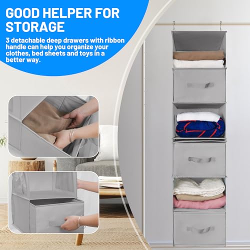 Hanging Closet Organizer, 6-Shelf with 3 Removable Drawers and 4 Side Pockets, Light Gray T21972