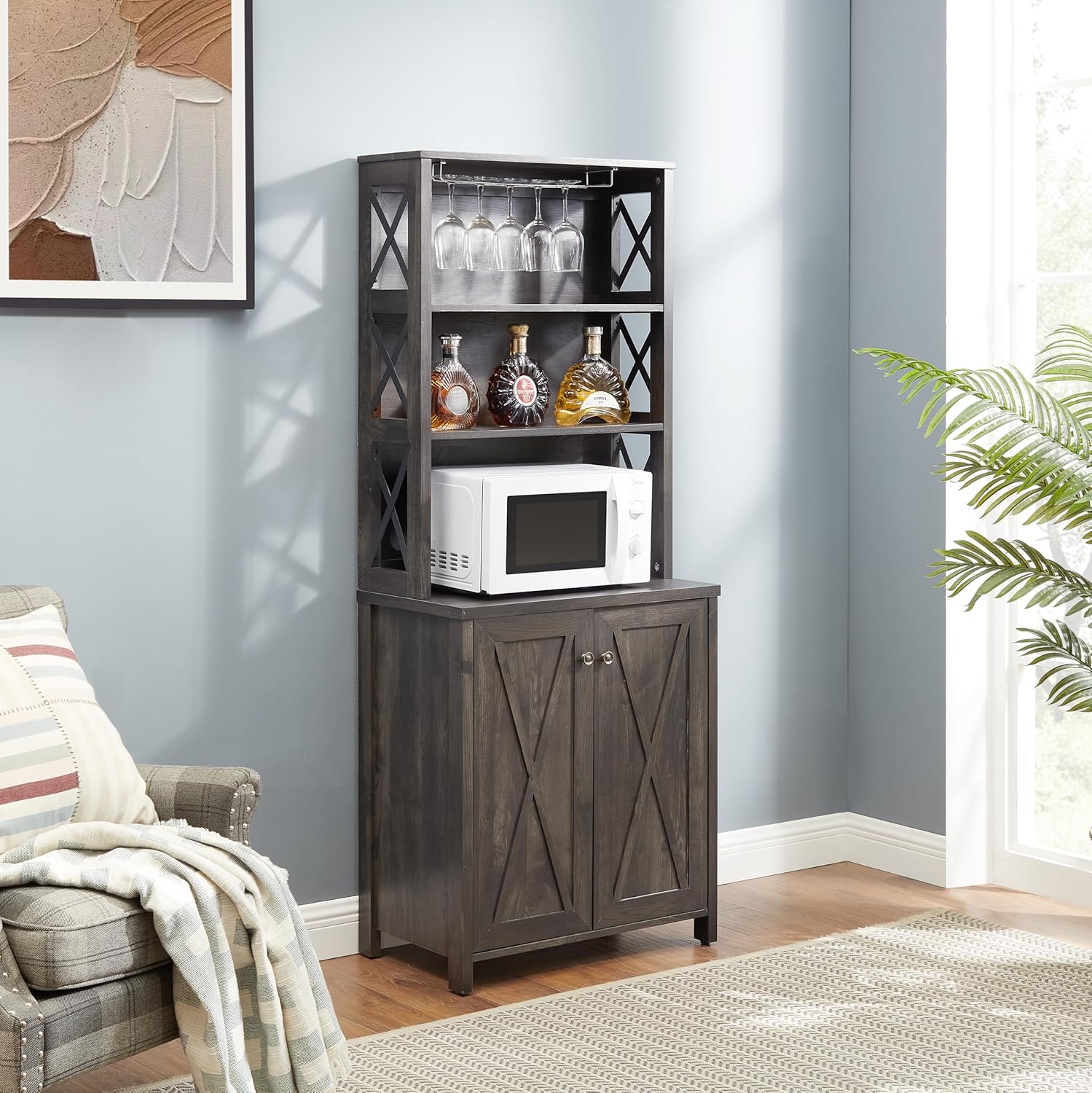 Coffee Bar Cabinet with Microwave Stand, Metal Frame, Hollow Out Barn Design J881