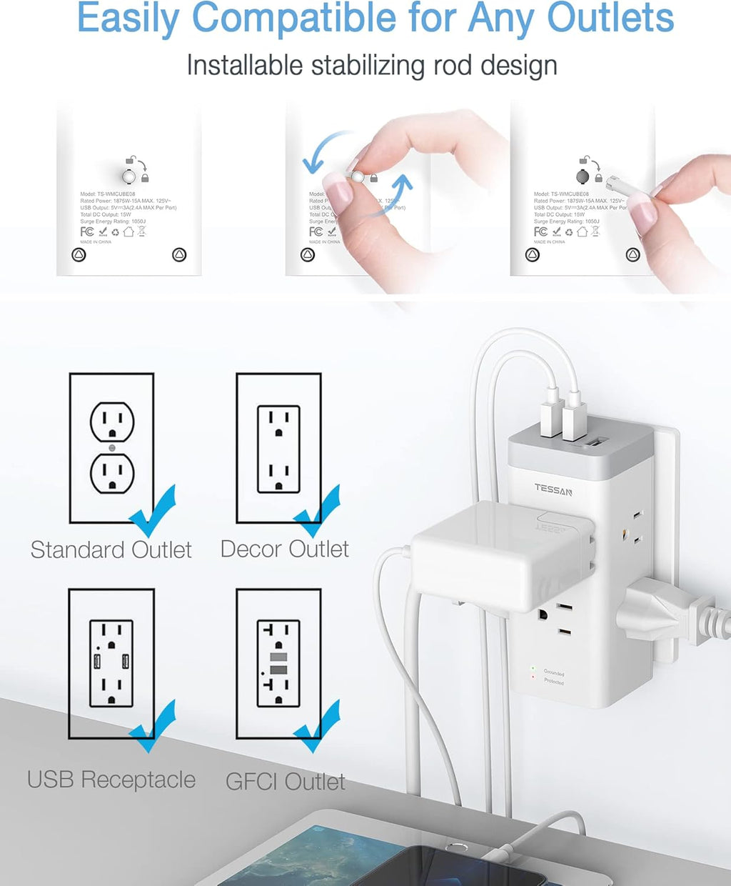 6 Outlet Extender with 3 USB Wall Charger, 1050J Surge Protector M260