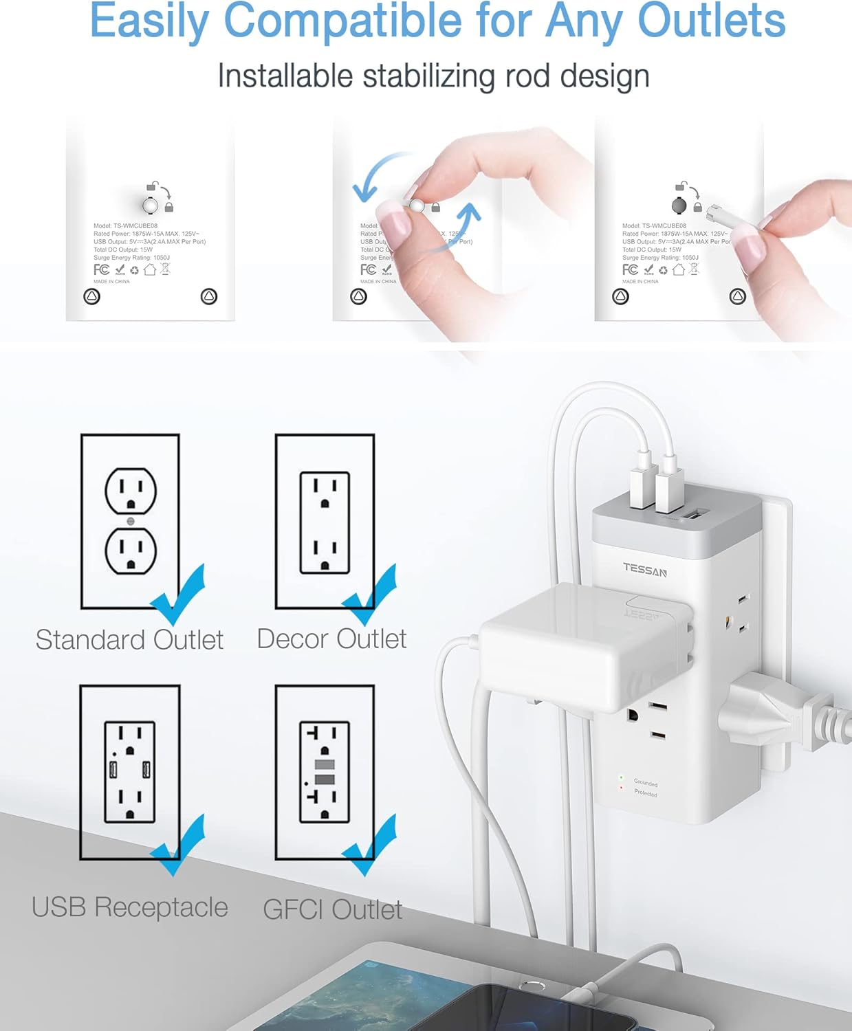 6 Outlet Extender with 3 USB Wall Charger, 1050J Surge Protector M260