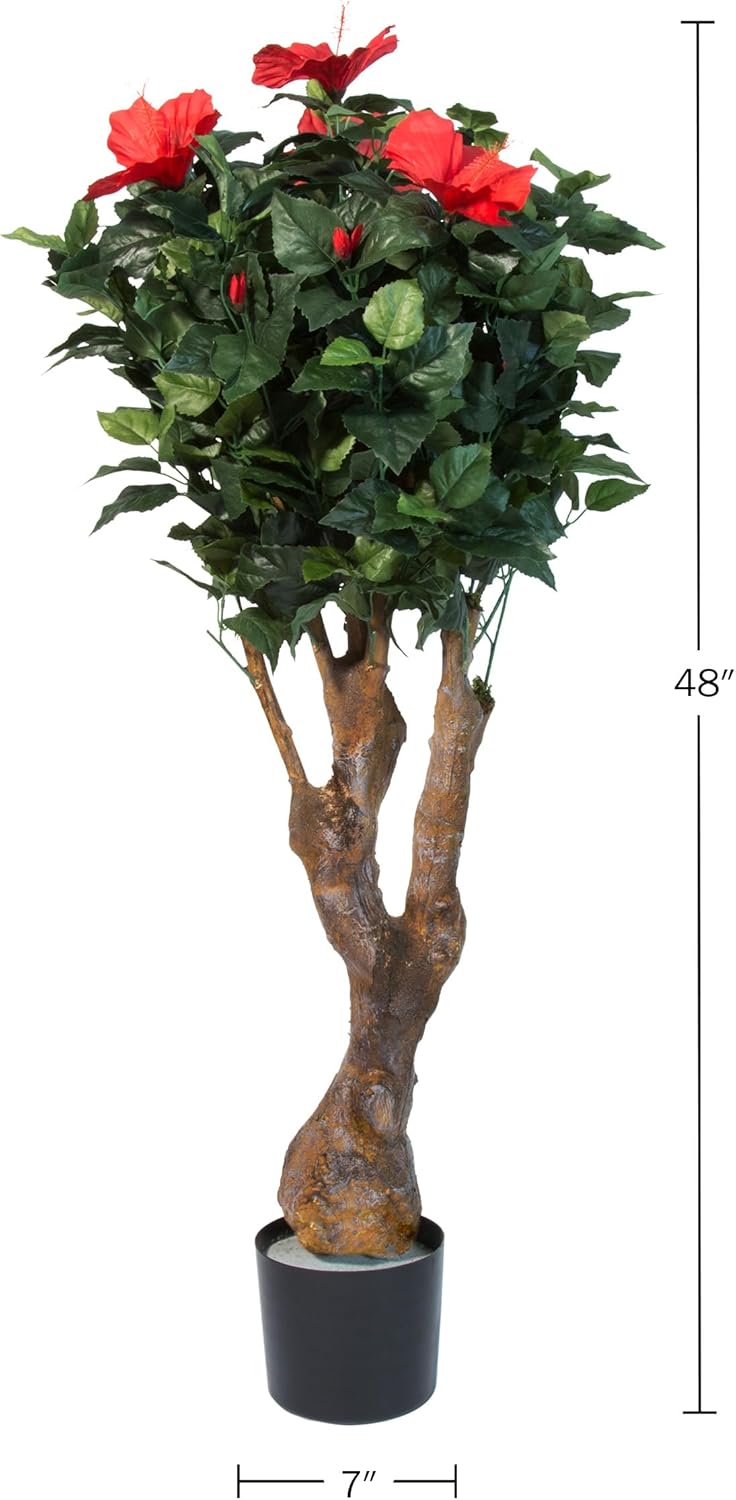 Artificial Hibiscus Plant 48-Inch Fake Tree with Pink Flowers F391
