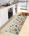 Botanical Floral Entryway Runner Rug 2x4ft,Vintage Spring Blue Flower Watercolor Washable Woven Living Room Hallway Bedroom Kitchen Carpet with Tassels Indoor Outdoor Throw Door Mat for Entryway