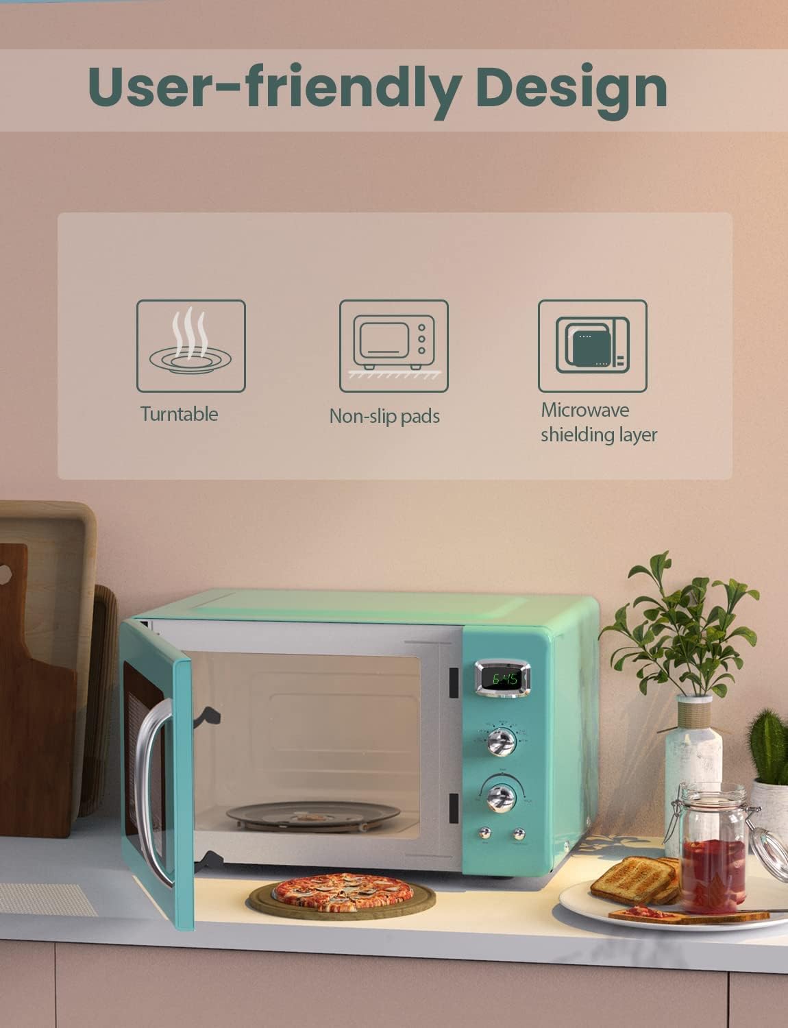 Retro Compact Countertop Microwave Oven, 0.9 cu ft, 900W, Defrost, Auto Cook, LED Display, Child Lock K12982