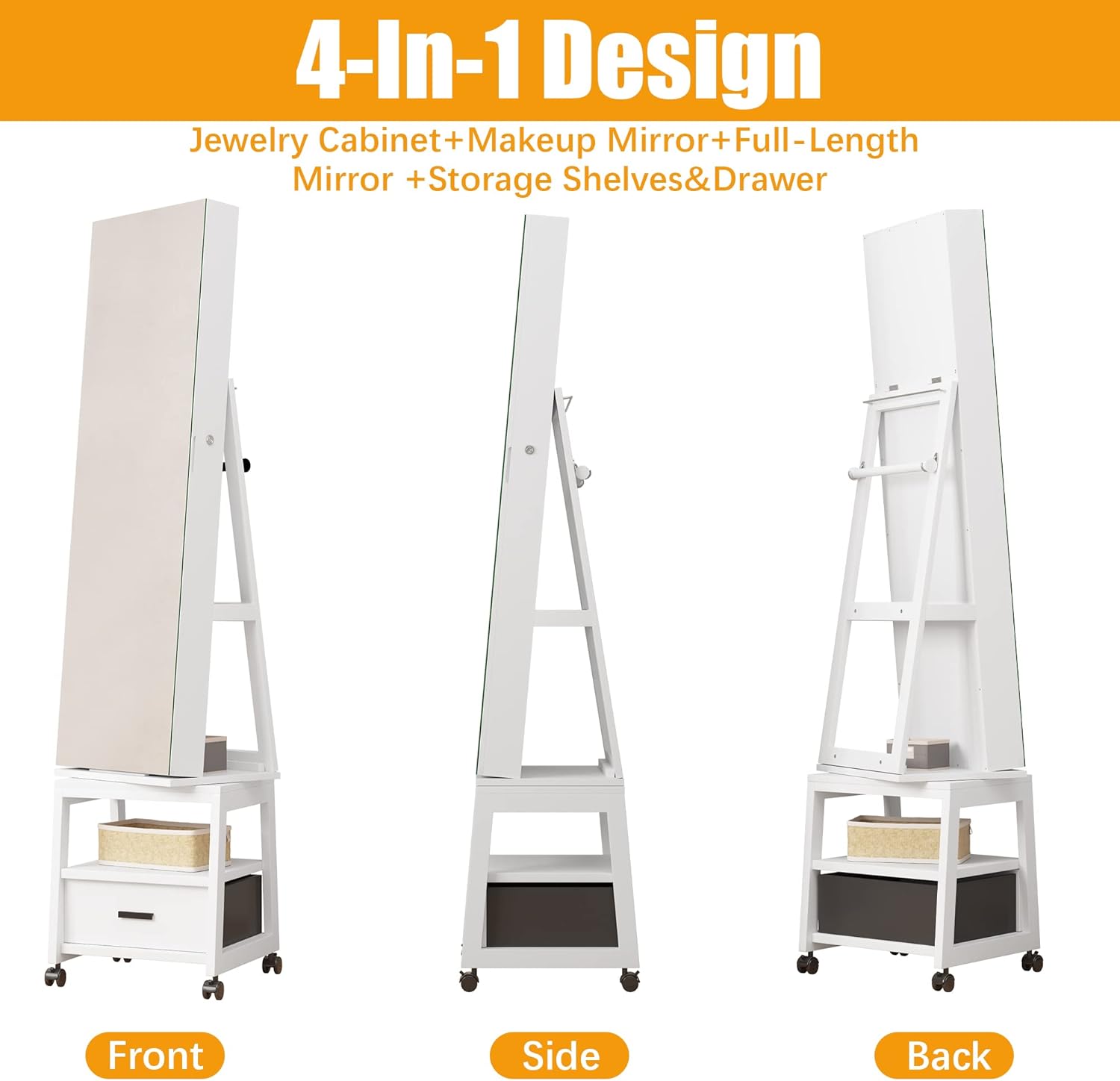 Floor Standing Jewelry Armoire with Full Length Mirror and Locking Storage D5953