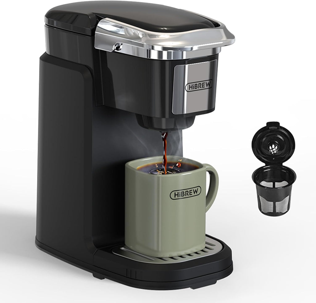 HiBREW Single Serve Coffee Maker - Portable,Coffee Machine for K Cup Pod, One Button Operation, Black Color for Kitchen, Office, Camping, Hotel