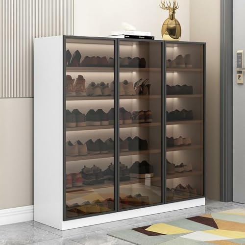 Shoe Cabinet with Glass Doors and Sensor Light, 6-Tier Freestanding Shoe Rack Storage Organizer T33337