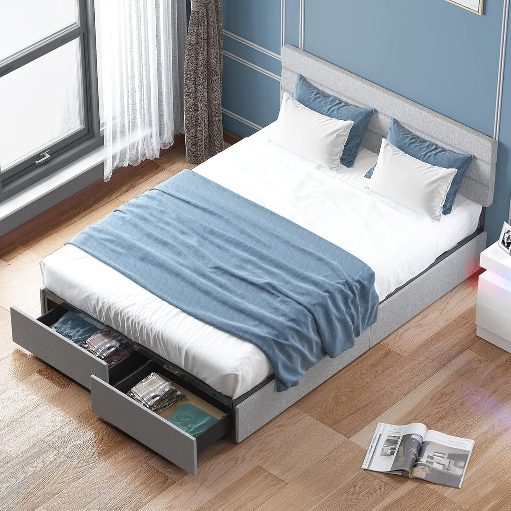 King Bed Frame with 2 Storage Drawers,Platform King Size Bed Frame with Linen Adjustable Headboard,Wooden Slats Mattress Foundation,No Box Spring Needed,Easy Assembly,Light Grey