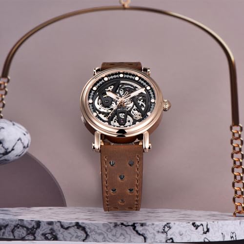 Automatic Watch for Men Black Skeleton Dial 50M Waterproof Leather R84810