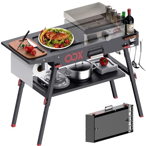 Portable Grill Table with Double-Shelf for Outdoor Prep,Folding Grill Stand Fits Blackstone Griddle 17 Inch 22 Inch, Tabletop Propane Gas Grill Cart, Camping BBQ Cooking, Stainless Steel, Black