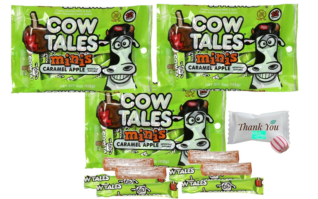Goetze Candy Individually Wrapped | Original Caramel Cow Tales Minis - Delicious Chewy Cream Center (Caramel Apple 3 Bags)- Soko Smiles Thank you Mint Included.