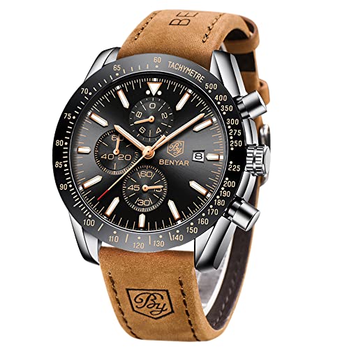 BY BENYAR Mens Watches Analog Quartz Chronograph Waterproof Men's Wrist Watches Business Casual Fashion Classic Designer Elegant Dress Watch with Calendar Leather/Stainless Steel Strap Gifts for Men
