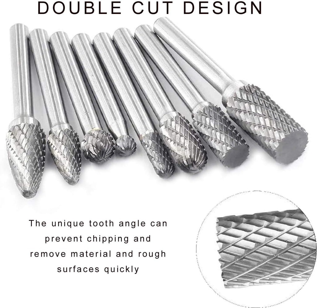 Carbide Burr Set 8Pcs Tungsten Double Cut Rotary Files 1/4 Shank Die Grinder Cutting Tool I228127