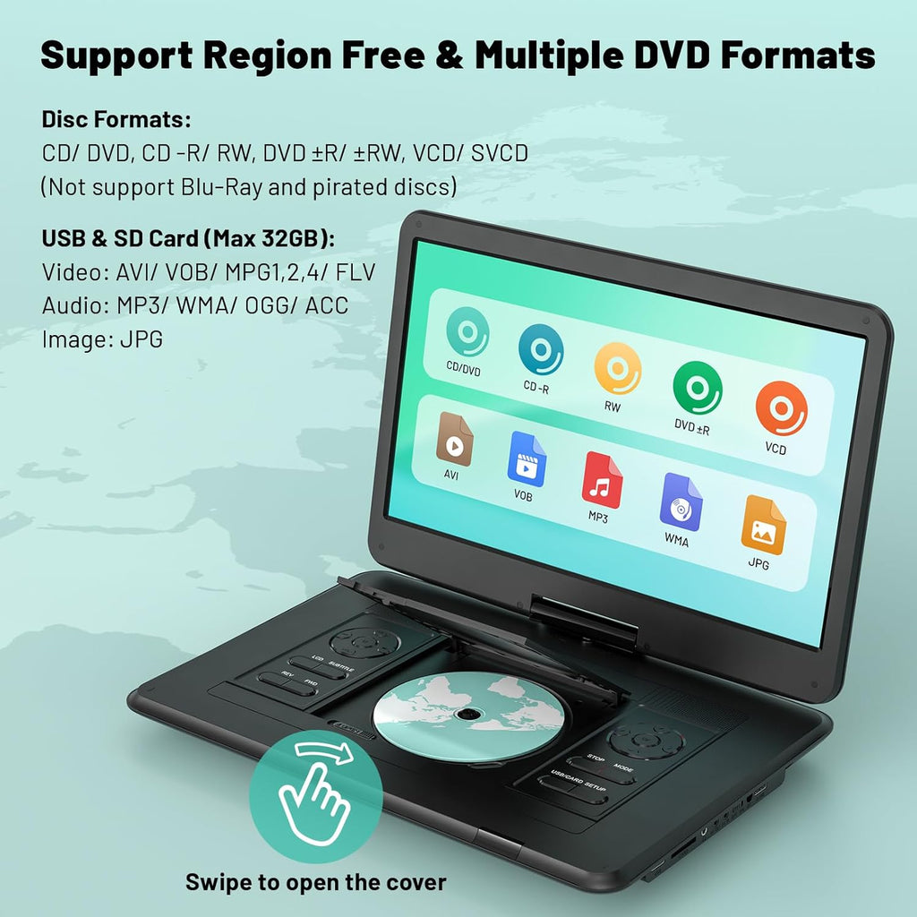 Portable DVD Player with 15.6" HD Screen, Rechargeable Battery, Remote Control Y457