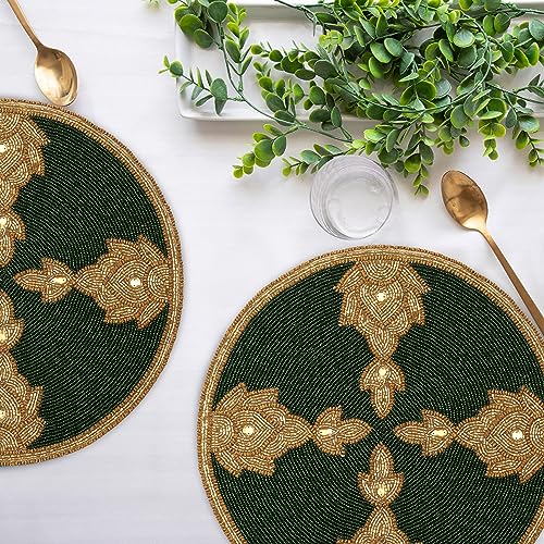 Green Gold Beaded Placemat 13 Inch Round Table Mat G8561