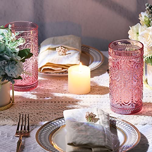 6 Pack Pink Glassware Drinking Glasses, 12oz Embossed Highball Cups H39781