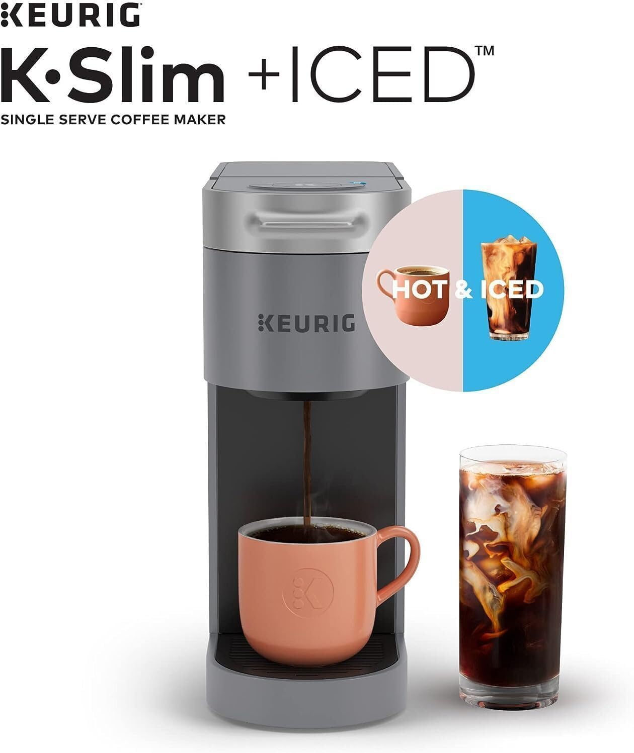 Single Serve Iced Coffee Brewer with 3 Brew Sizes, Space-Saving Design, Bundle with Medium Roast Pods and Cleaning Cups Y752361