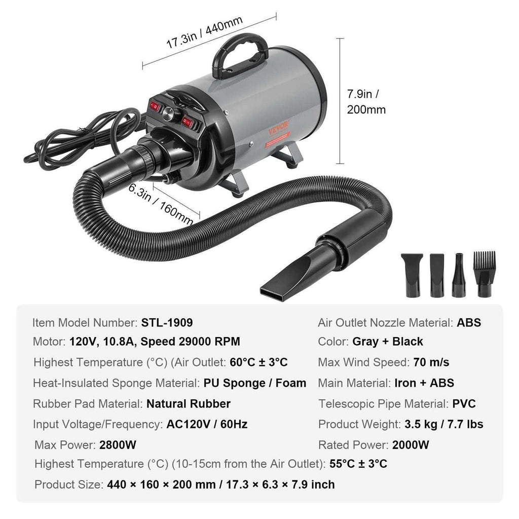 Dog Dryer 2000W with Adjustable Speed and Temperature Control, 4 Nozzles G789