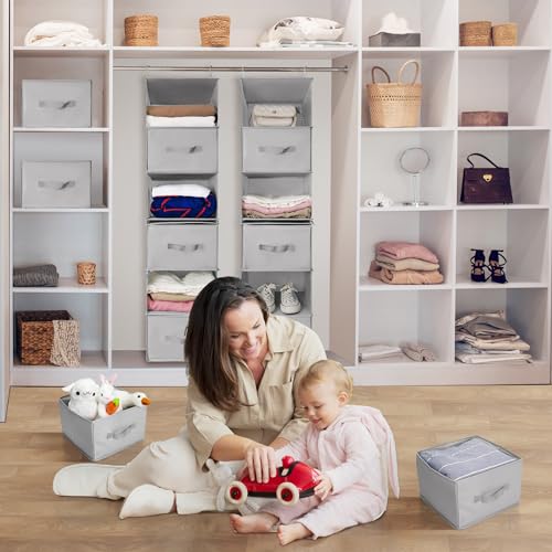 Hanging Closet Organizer, 6-Shelf with 3 Removable Drawers and 4 Side Pockets, Light Gray T21972