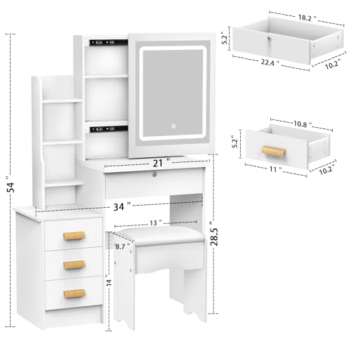 Vanity Desk with Sliding Mirror and Lights, 4 Drawers, Power Outlet R922957
