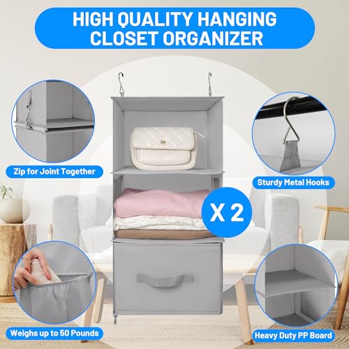 Hanging Closet Organizer, 6-Shelf with 3 Removable Drawers and 4 Side Pockets, Light Gray T21972