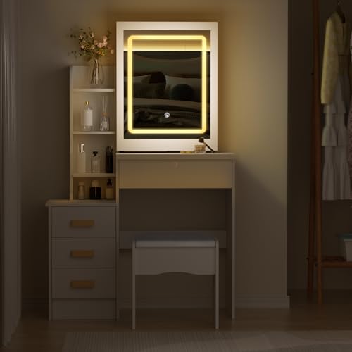 Vanity Desk with Sliding Mirror and Lights, 4 Drawers, Power Outlet R922957