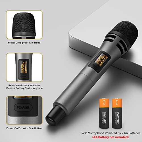 Wireless Microphone System, UHF Dual Karaoke Mic with Rechargeable Receiver A423