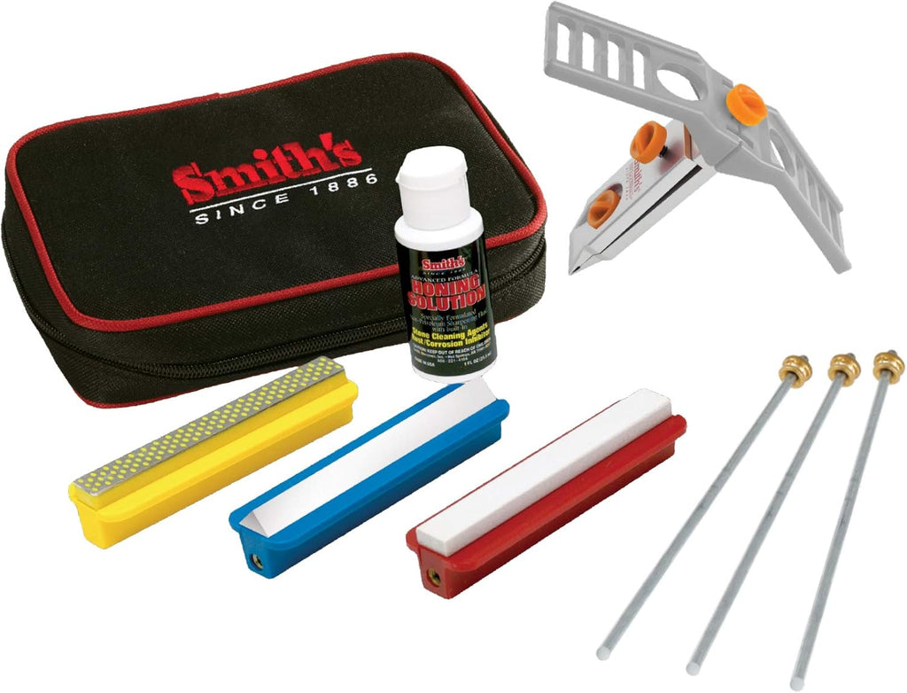 Smith’s 50596 Diamond-Arkansas Precision Knife Sharpening System | Portable Sharpening Kit | Three Sharpening Stones | Honing Solution | Hook, Tool, Knife & Serrated | Vise Clamp