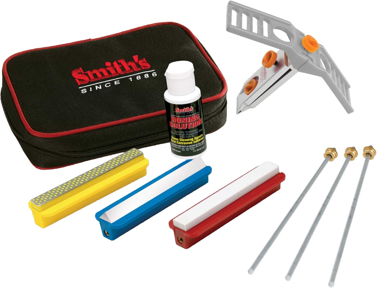 Smith’s 50596 Diamond-Arkansas Precision Knife Sharpening System | Portable Sharpening Kit | Three Sharpening Stones | Honing Solution | Hook, Tool, Knife & Serrated | Vise Clamp