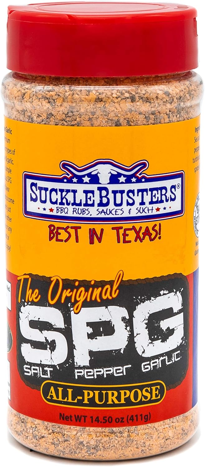 SuckleBusters Salt Pepper Garlic SPG BBQ Rub & Seasoning: Best BBQ Rub for Grilling & Smoking Meat, Poultry, Pork, Fish and Vegetables, Gluten-Free, No MSG Shaker (14.5oz)