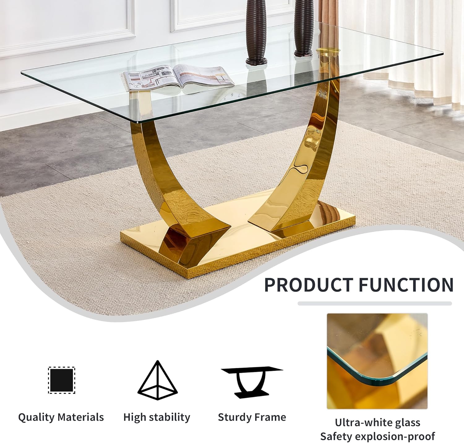Rectangular Glass Top Dining Table with Stainless Steel Base A452