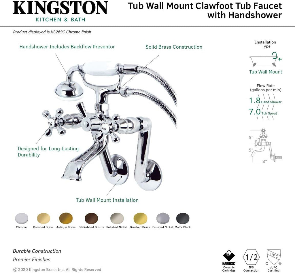 Wall Mount Clawfoot Tub Faucet with Hand Shower, Matte Black W233210