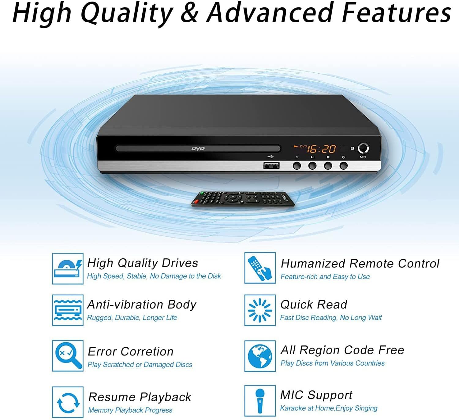 DVD Player for TV with Remote, 1080P HD, HDMI & USB Input K7012