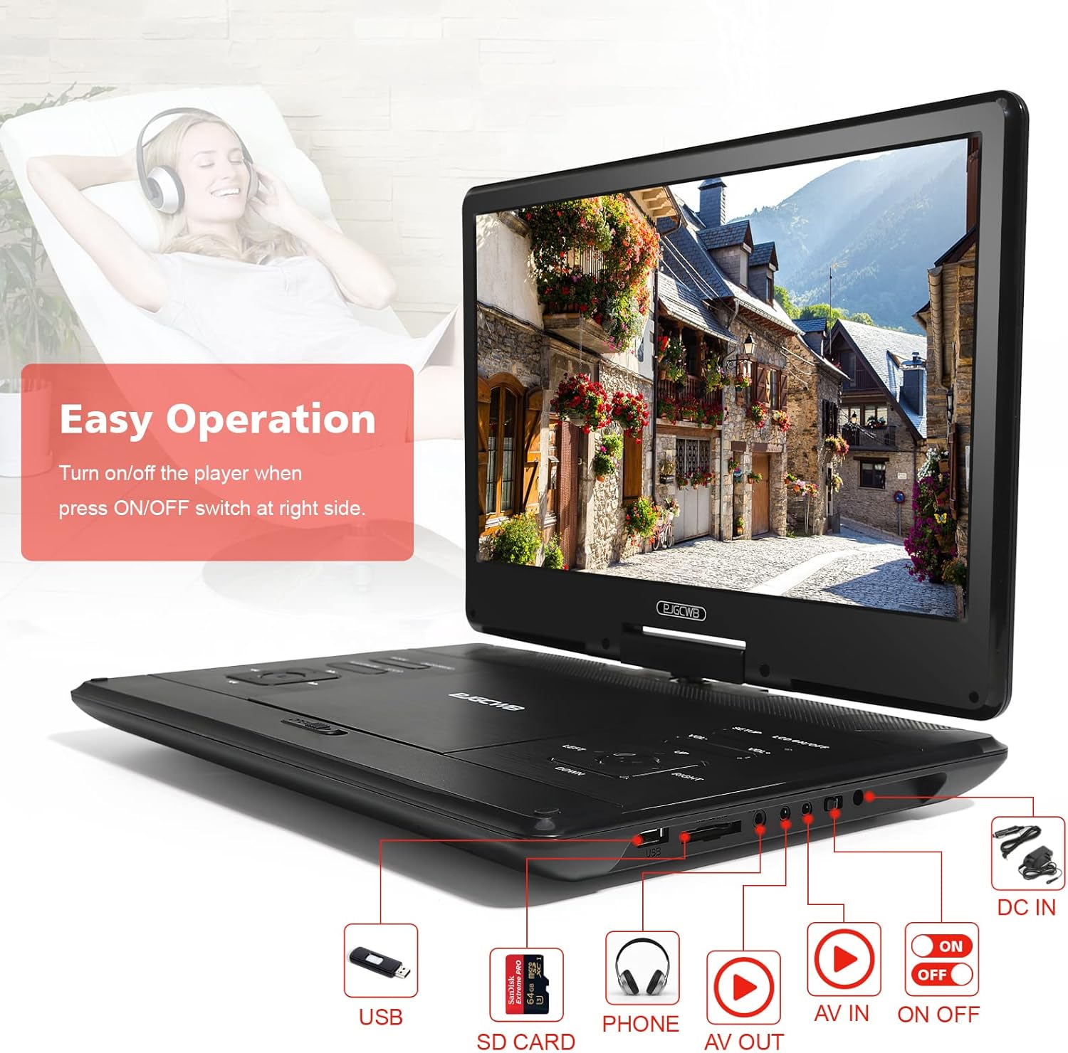 Portable DVD Player with 14.1" HD Screen and Carrying Bag W99655