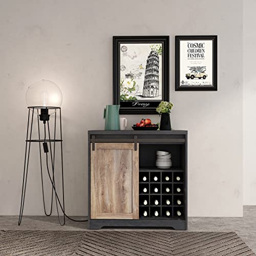 Farmhouse Coffee Bar Cabinet, Kitchen Hutch Storage Cabinet with Wine Rack Liquor Cabinet with Sliding Barn Door Wood Wine Cabinet Buffet Sideboard for Home, Living, Dining Room, Kitchen, Black