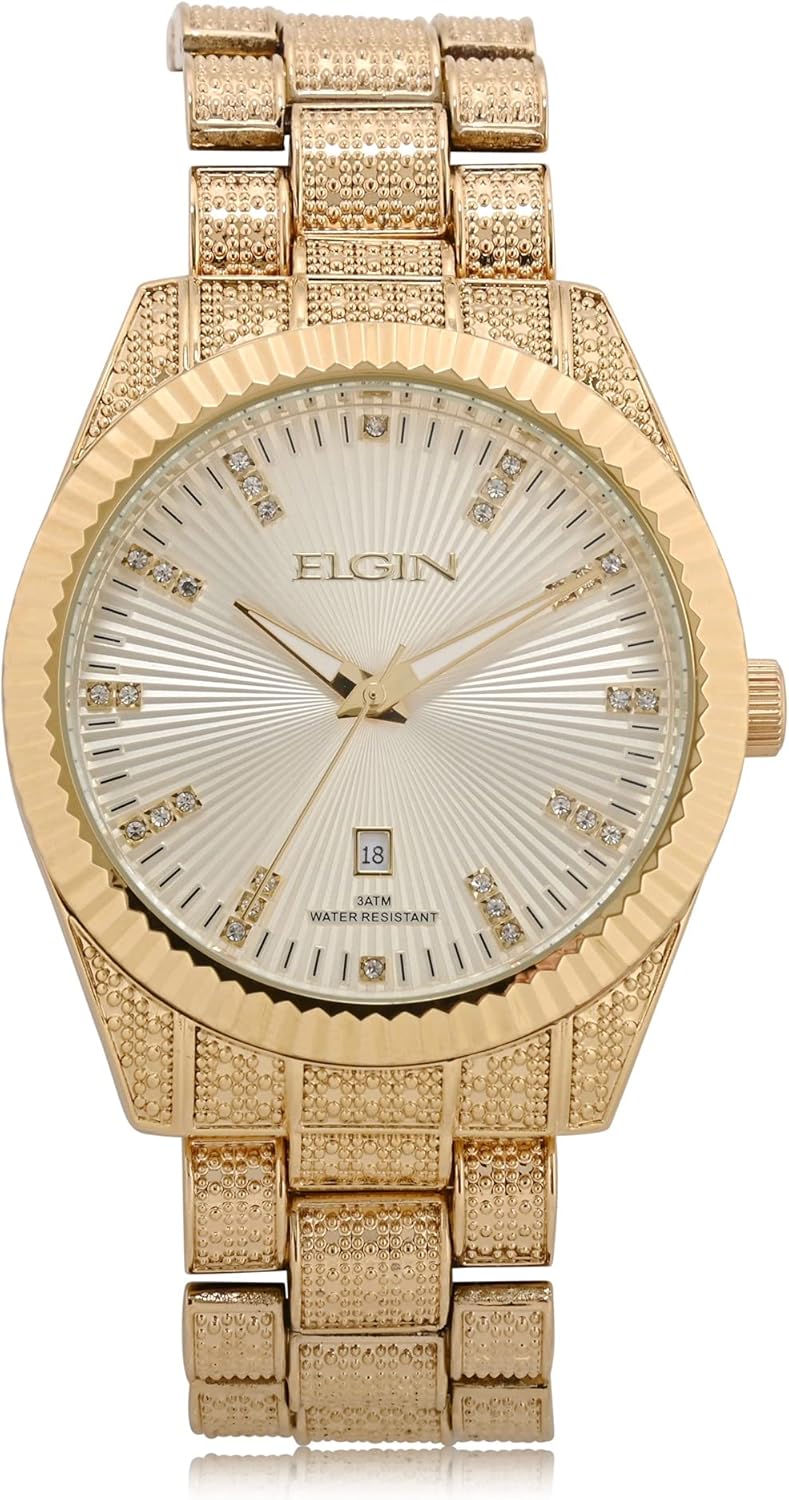 Accutime Elgin Men's Gold-Tone Analog Watch with Hammered Accents (Model FG160096AZ)