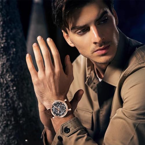 Automatic Watch for Men Black Skeleton Dial 50M Waterproof Leather R84810