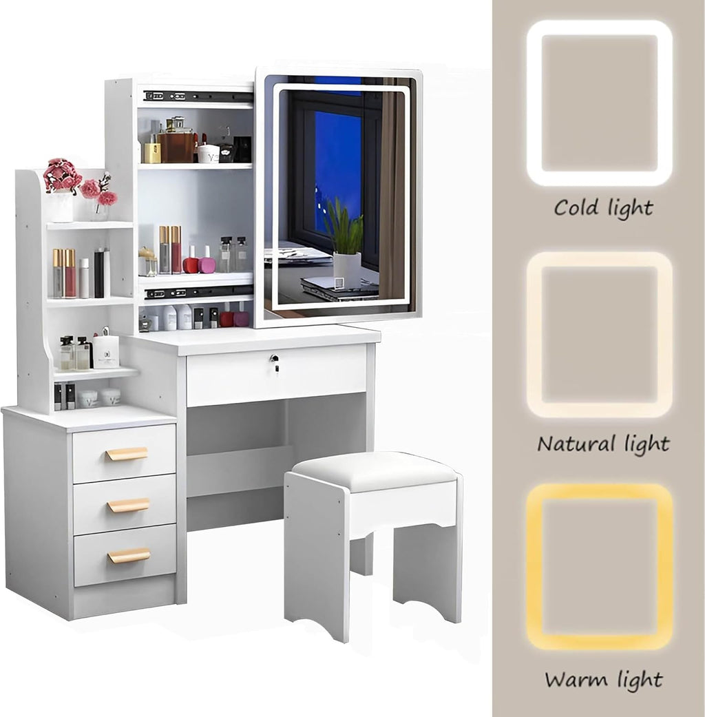 Vanity Desk with Mirror and Lights, Makeup Table with Drawers and Stool Q70965