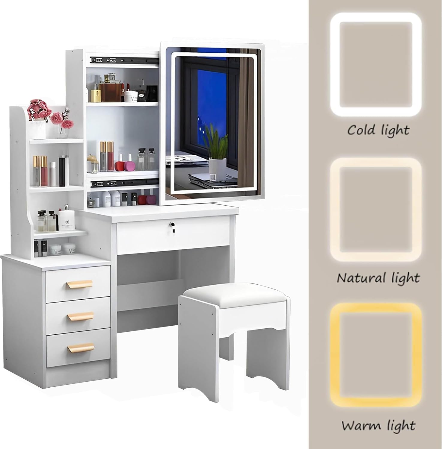 Vanity Desk with Mirror and Lights, Makeup Table with Drawers and Stool Q70965