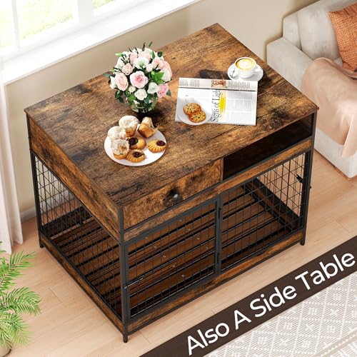 Dog Crate Furniture with Storage Drawer, Double Doors, Rustic Brown F932213