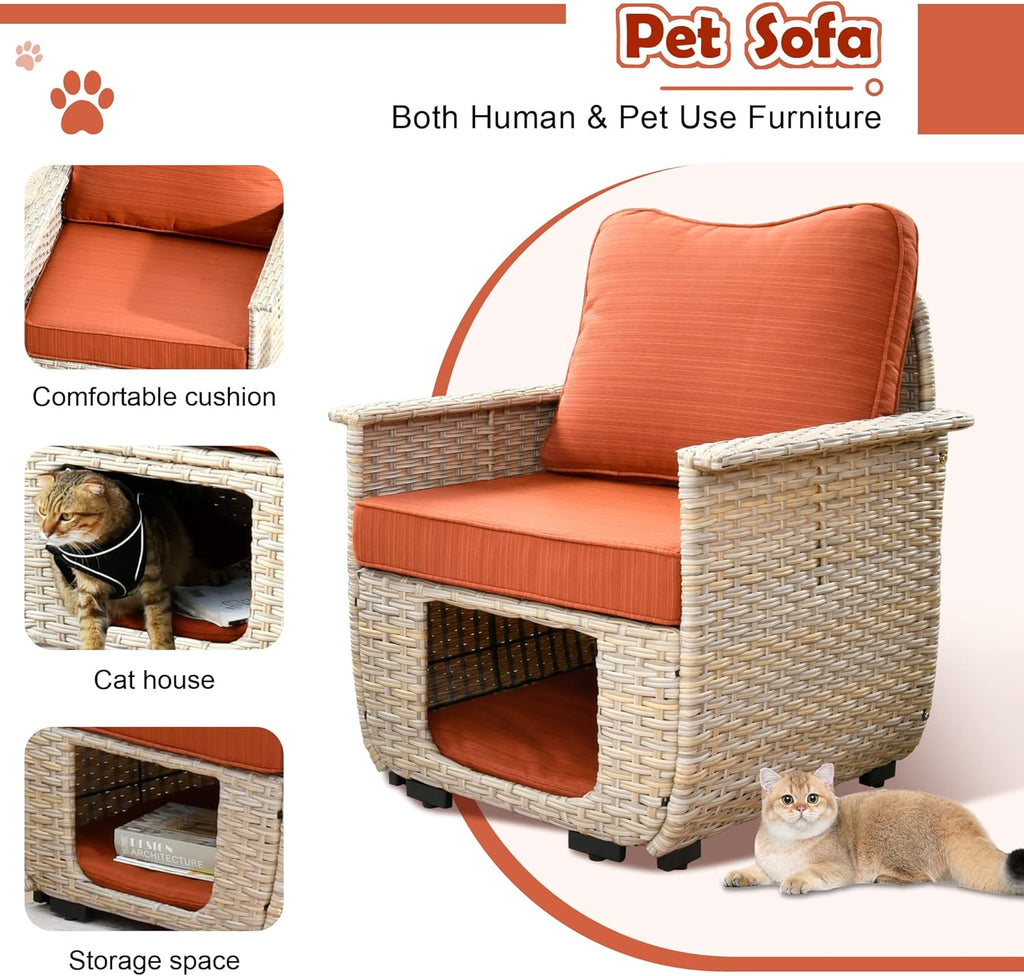 Outdoor Patio Conversation Set with Pet House Wicker Rattan Sofa N2343