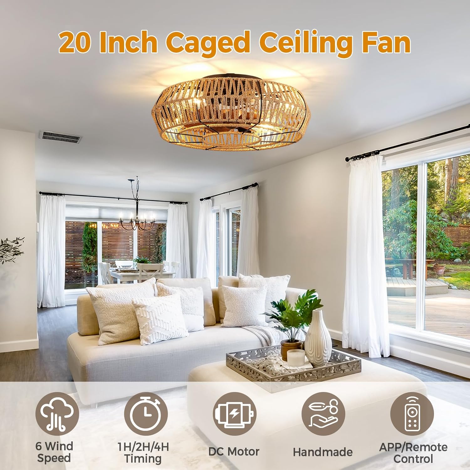 Boho Ceiling Fan with Lights - 20 Inch Flush Mount with Remote, Rattan Caged Design for Bedroom Living Room E9730