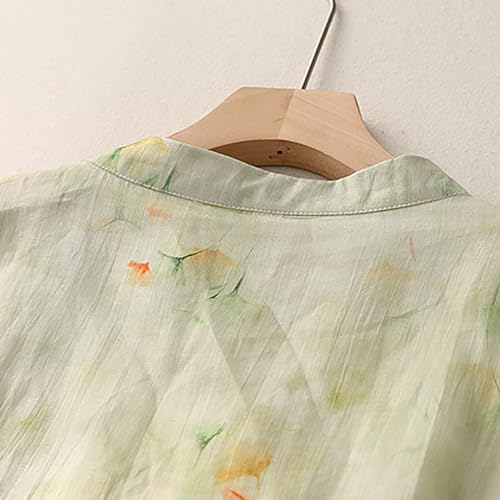 Floral Embroidered Linen Blouse for Women, 3/4 Sleeve Casual Top W2768