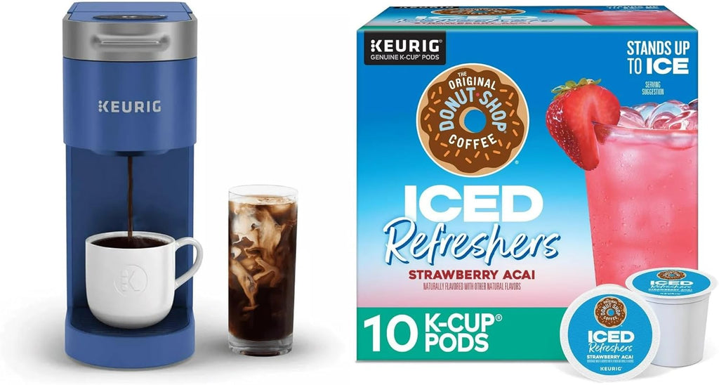 KeurigK K-Slim + ICED Single-Serve Coffee Maker, Blue, Brews Hot and Iced Coffee, Compatible with KCup Pods, Includes Iced Refreshers Strawberry Acai Flavor Pods, 3 Cup Sizes, Auto Shut Off