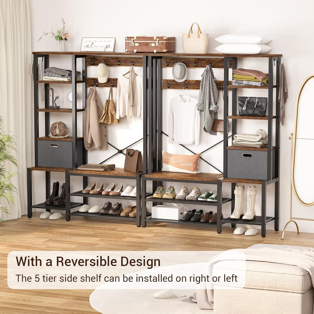 Hall Tree with Storage Bench, Coat Rack, 5-Tier Shelves, Fabric Basket, Rustic Brown F61556